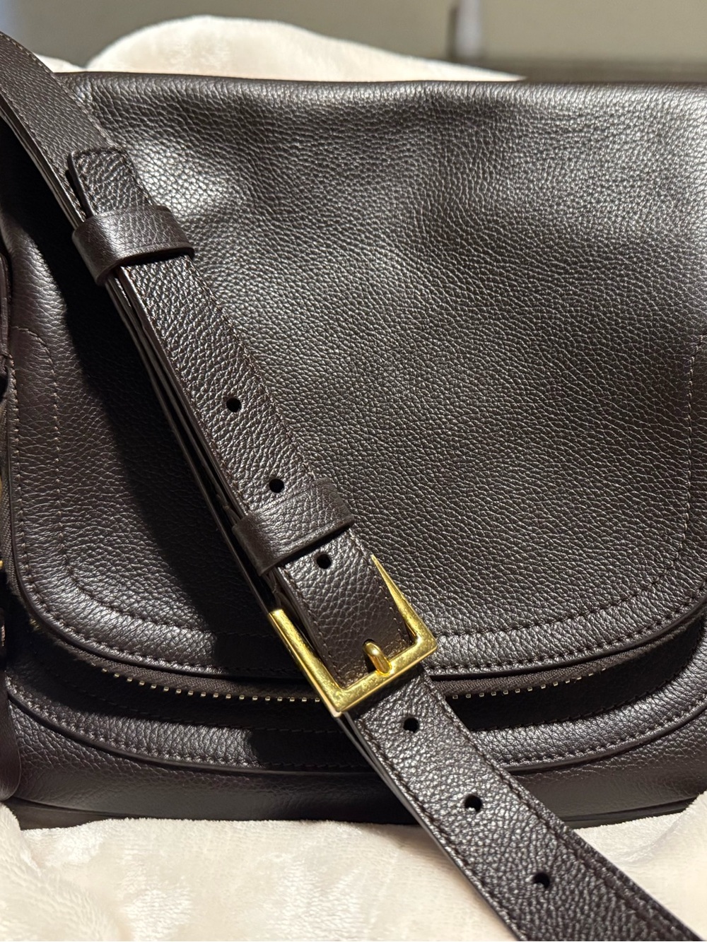 Tom Ford Dark Chocolate Pebbled Leather Crossbody with Gold Buckle